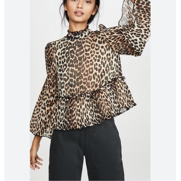 NWOT GANNI LEOPARD Print PLEATED GEORGETTE BLOUSE Top